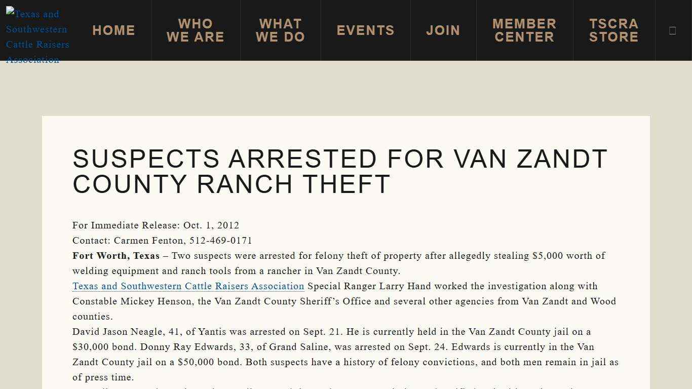 Suspects Arrested for Van Zandt County Ranch Theft - Texas and Southwestern Cattle Raisers Association